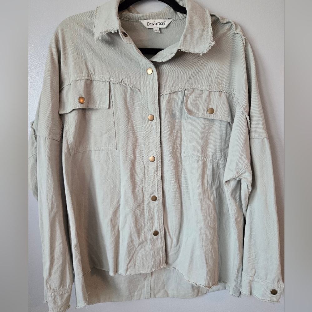 Davi & Dani Rock & Roll Graphic Shacket Sage Green Raw Hem Button Down Shirt - Picture 5 of 9